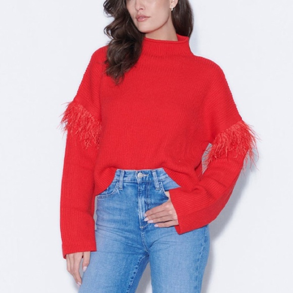 Saylor Juneau Red Feather-Trim Mock Neck Sweater - Women’s Size M